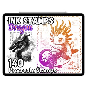 Op de afbeelding: Een digitale illustratie van twee drakenstempels voor Procreate. De eerste stempel is een zwart-witte illustratie van een drakenkop. De tweede stempel is een kleurrijke illustratie van een draak met een verloop van oranje, roze en paars. De tekst "INK STAMPS Dragon 140 Procreate Stamps" is zichtbaar op de afbeelding.