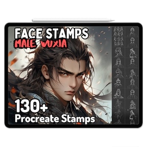 Puede incluir: Una ilustración digital de un personaje masculino con cabello negro largo y ojos naranjas. La imagen está en la pantalla de una tableta con el texto "FACE STAMPS MALE WUXIA 130+ Procreate Stamps" en la pantalla. La imagen está rodeada por una cuadrícula de imágenes más pequeñas de diferentes expresiones faciales.