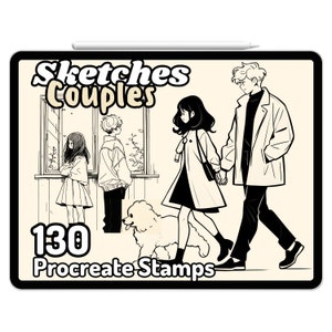 Puede incluir: Ilustración digital en blanco y negro de 130 sellos Procreate con parejas en varias poses. El texto "Sketches Couples" está en la parte superior de la imagen.