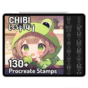 Procreate Kawaii Chibi sellos Rana chica gato chica lindos cepillos pegatina Anime Sudadera con capucha Onesie oso dibujos animados Cosplay Frogcore Kidcore