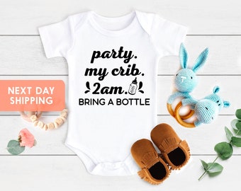 Funny Baby Romper "Party My Crib 2am Bring a Bottle" Boy Girl Clothes Gift 