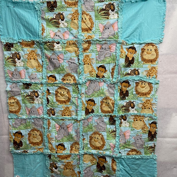 Handmade Aqua Jungle Print Cozy Rag Quilt, Blanket, Baby