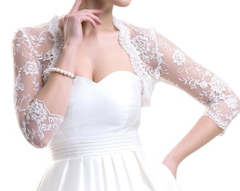 Damska ślubna koronkowa kurtka ślubna z rękawami trzy czwarte LJ-69