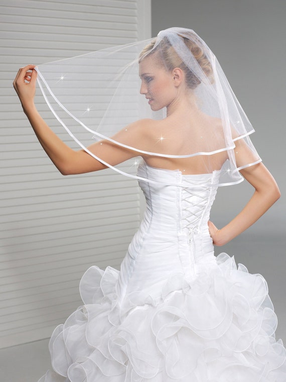 Bridal Two Tier Satin Edge Wedding Veil With Crystals  display picture 2