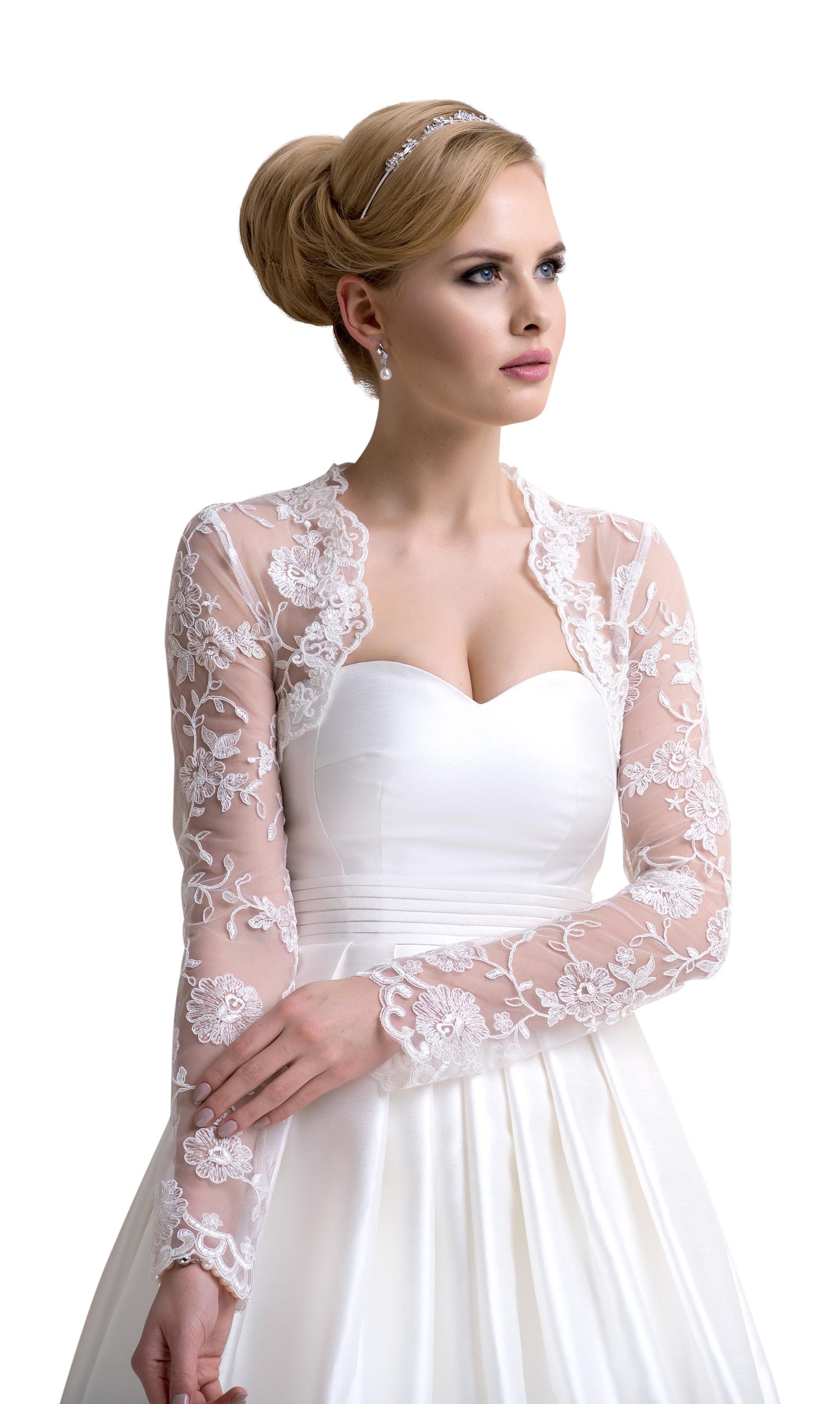 Wedding Lace Jacket Long Sleeves Flower Motif LJ-15