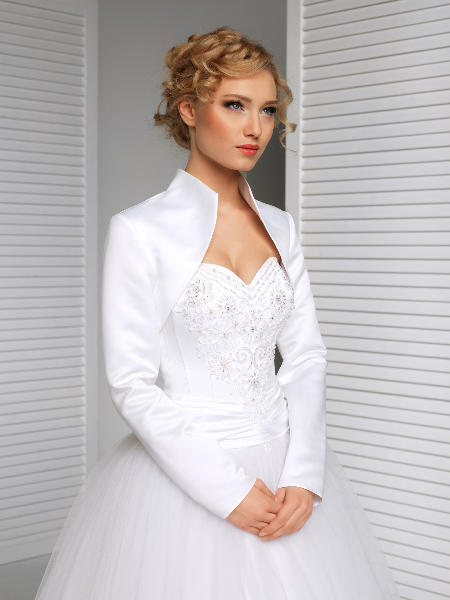 White satin bolero wedding best sale jacket