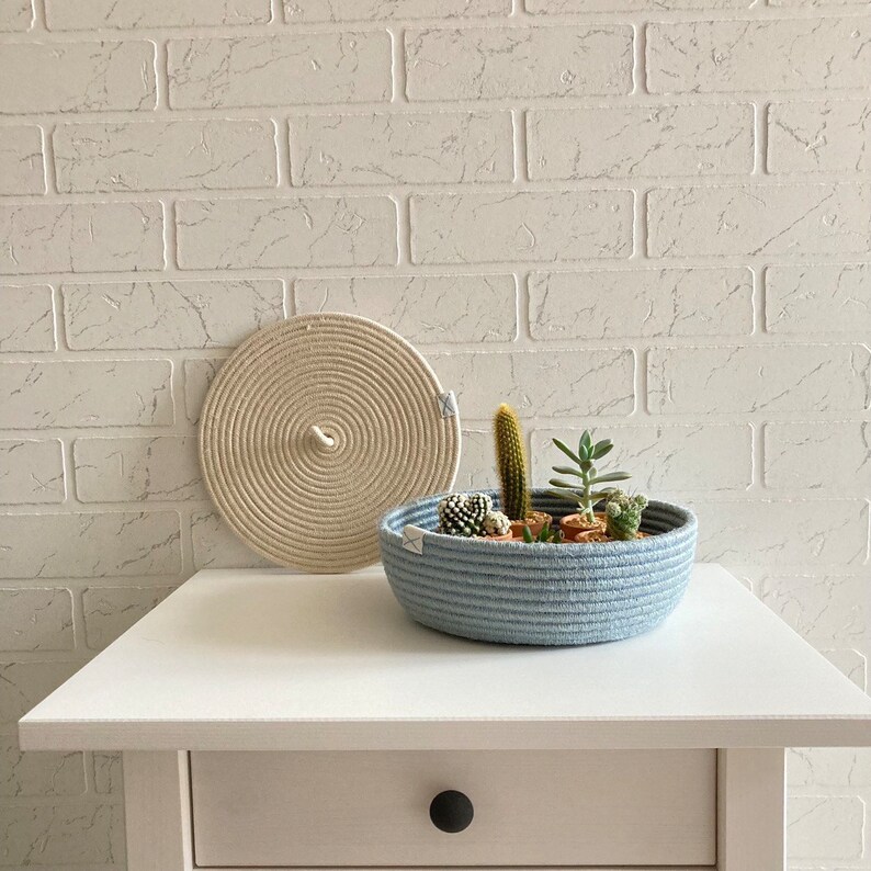 Light Blue Basket With Lid Cotton Rope Basket Storage Etsy