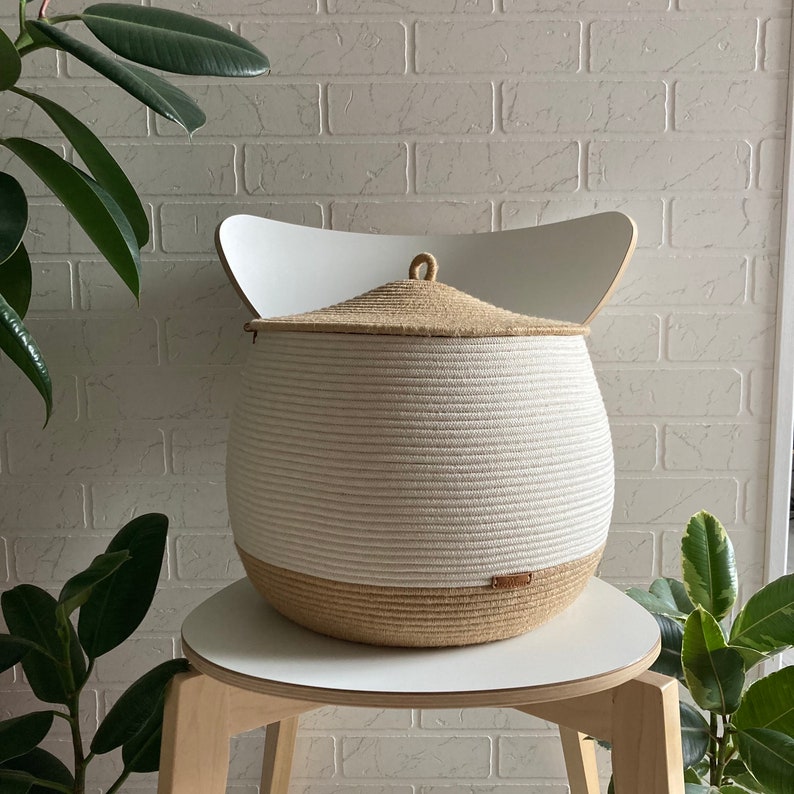 Large Rope Basket With Lid Cotton Rope Basket Cozy Home Etsy
