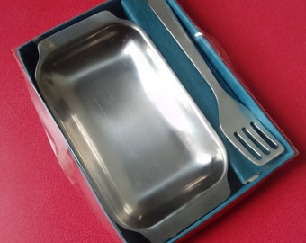Mantequera y esparcidor daneses de los años 70, en caja, regalo vintage de acero inoxidable.