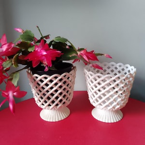 May include: Two white plastic planter pots with a lattice design. The pots have a wide base and a narrow top. A pink Christmas cactus plant is in one of the pots.