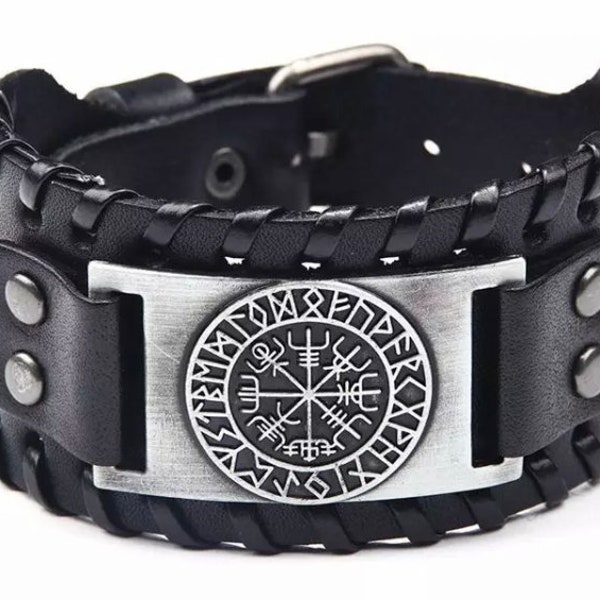 Leather Viking Compass Wristband, Wide Cuff Nordic Vegvisir, Viking Bracelet Runes And Compass Black, Norse Gift Bracelet