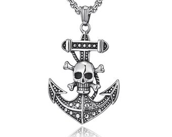 Skull And Crossbones Anchor Necklace, Pirate Jewellery, Rock Punk Pendant, Stainless Steel Skull Goth Gift,