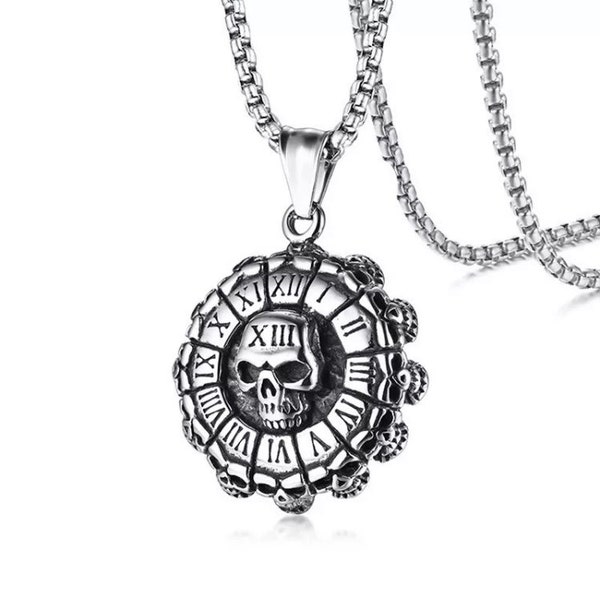 Skull Roman Numeral Bottle Cap Necklace, Pirate Clock Face Pendant, Stainless Steel Punk Jewellery, Goth Skull Unusual Gift,