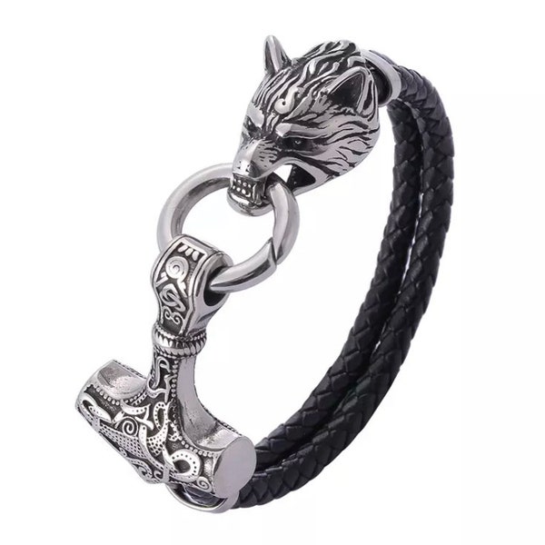 Viking Wolf And Thors Hammer Bracelet, Fenrir Wolf Head Gift, Mjolnir Hammer Black Leather Norse Wristband, Stainless Steel Jewellery