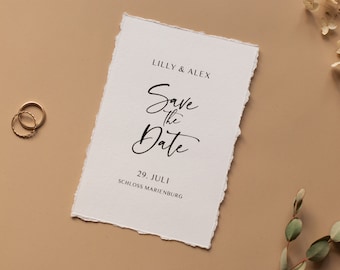 Save the Date-kaart A6 met deckle edge, gepersonaliseerd Save the Date, gescheurde randen, huwelijksuitnodiging, moderne bruiloftsbriefpapier, STD