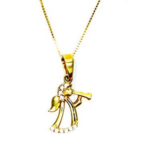 Girl's Necklace in 18kt (750) Yellow Gold, Venetian Chain, Little Angel Pendant with Trumpet and Zircons
