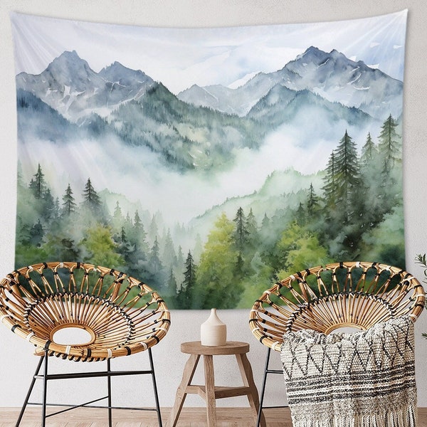 Mountain Scenery Tapestry Aesthetic Landscape Green Fabric Wall Tapestry Living Room Decor Unique Birthday Gift Misty Forest Wall Hangings