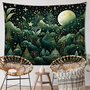 Moon Garden Green Tapestry Aesthetic FLower Landscape Wall Hangings Star Plants Fabric Wall Art Starry Night Sky Rectangle Home Decor Accent