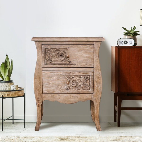 Bedside Cabinet Wooden Drawer Table Vintage Decor Unique Solid Wood Nightstand Drawer Furniture Cabinet Livingroom Bedroom Carved Storage