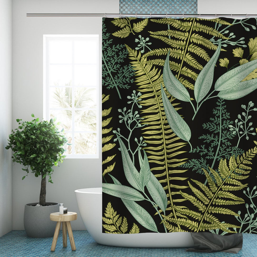 Green Plant Shower Curtain Botanical Leaf Modern Fabric Bathroom
