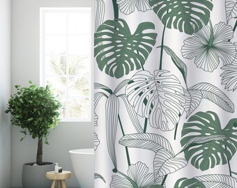 Floral Leaf Shower Curtain Green Plants Modern Fabric Bathroom Curtains with Hooks Botanical Waterproof Home Bedroom Bathroom Decor Gift