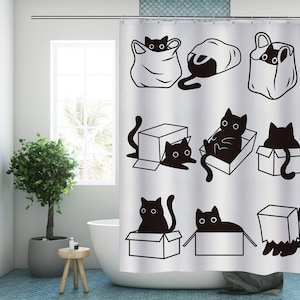 Black Cat Shower Curtain Funny Modern Fabric Bathroom Curtains with Hooks Unique Animal Cats Waterproof Bath Decor Housewarming Gift For Her