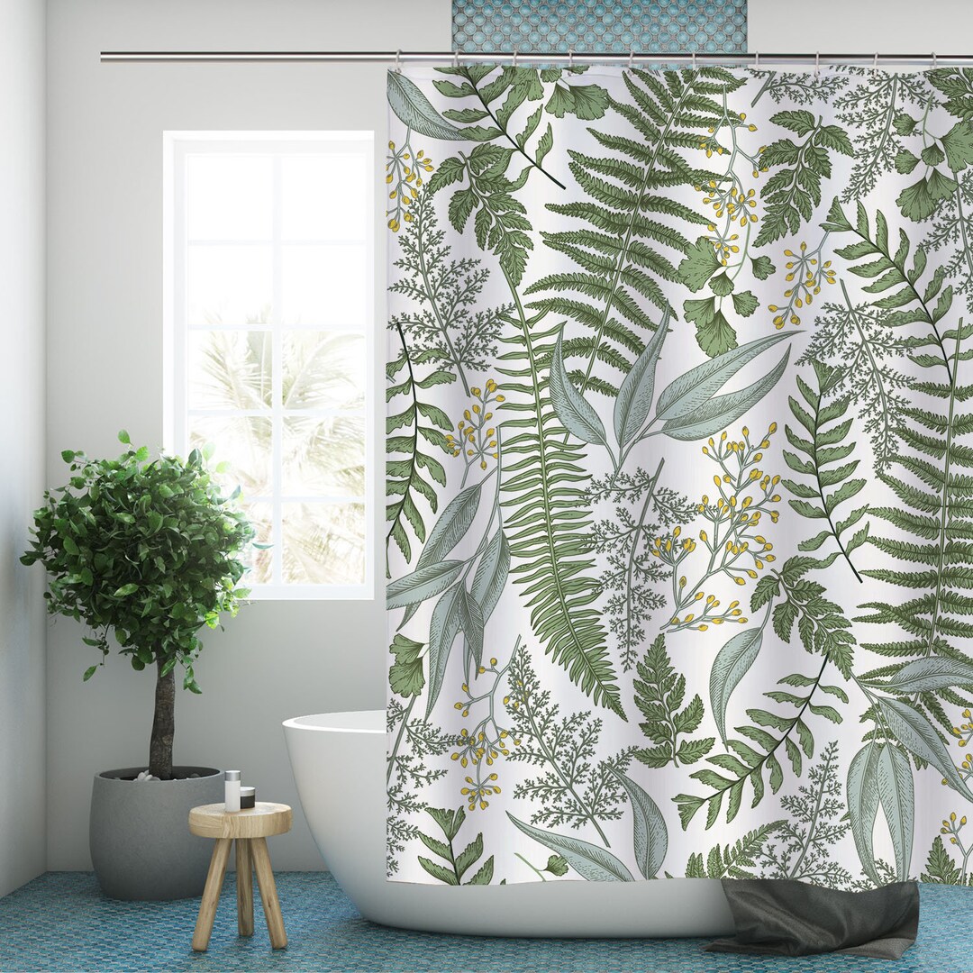 Botanical Leaf Shower Curtain Green Plant Modern Fabric Bathroom ...