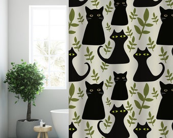 Black Cat Green Plant Shower Curtain Funny Modern Fabric Bathroom Curtains Creative Cats Botanical Waterproof Bath Room Decor Cat Lover Gift