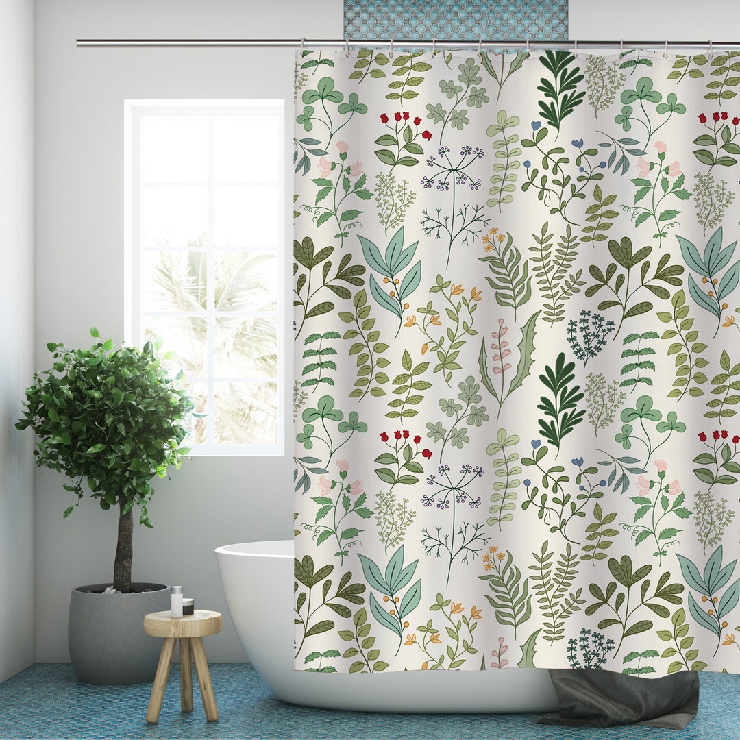 Green Plant Shower Curtain Botanical Leaf Modern Fabric Bathroom