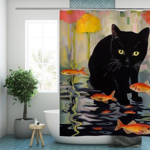 Black Cat Shower Curtain Funny Modern Fabric Bathroom Curtains with Hooks Colorful Fishes Waterproof Bath Room Decor Pet Lovers Gift For Her