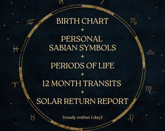 Sabian degrees report, birth chart analysis  periods of life, solar return report, 1 year transits report