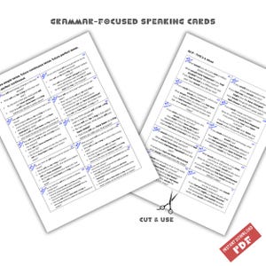 May include: A set of printable grammar-focused speaking cards for English language learners. The cards feature different types of questions to help students practice using various tenses, including simple, continuous, perfect, and future tenses. The cards are designed to be cut out and used for speaking practice.