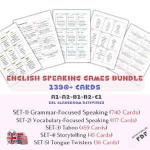 Printable 1390+ English Speaking Cards - ESL Learning Games | Taboo, Grammar, Tongue Twisters | A1-C1 Levels | Classroom Activities