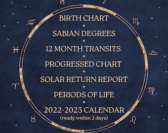 Astrology Mega Bundle, birth chart analysis, Sabian degrees, Periods of life, Solar return analysis, 1 year transits, 12 month calendar