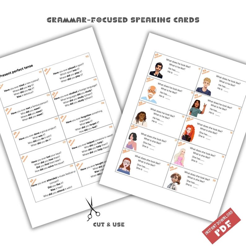 May include: A set of printable speaking cards for English language learners. The cards feature colourful illustrations of people and prompts for practising the present perfect tense. The cards are designed to be cut out and used for conversation practice.
