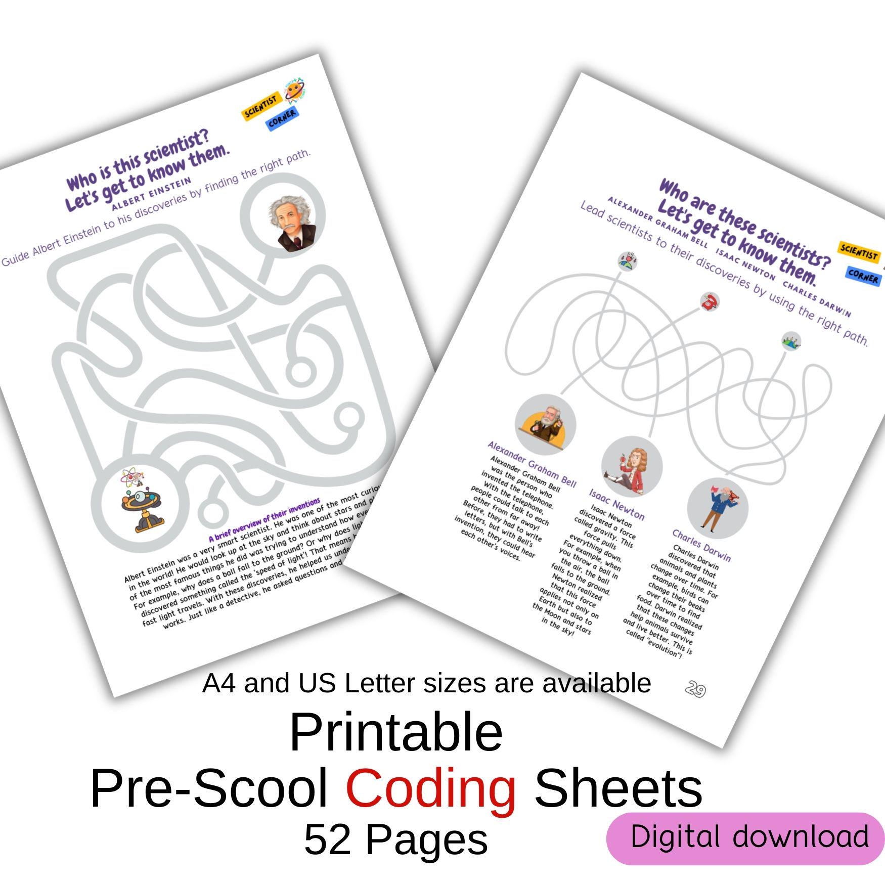 Preschool Coding Sheets: Numbers, Letters, Shapes, Scientists (digital ...