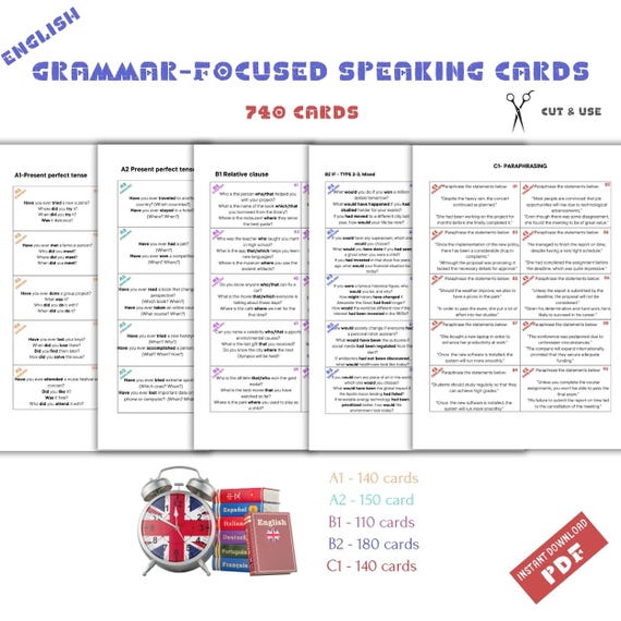 English Grammar Speaking Cards: A1-C1 Levels (PDF Pattern)