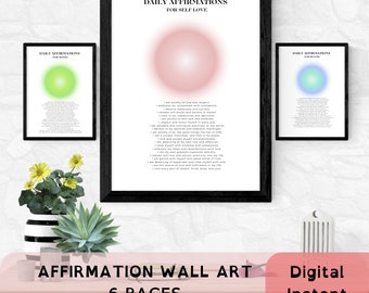 Spiritual aura wall art, daily positive affirmations for self love, health, money, love, succes and general, set of 6 printable  posters