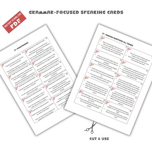 May include: Two printable sheets of grammar-focused speaking cards for English language learners. The cards are designed to help students practise different tenses and improve their speaking skills. The first sheet features paraphrasing exercises, while the second sheet features random questions in all tenses.
