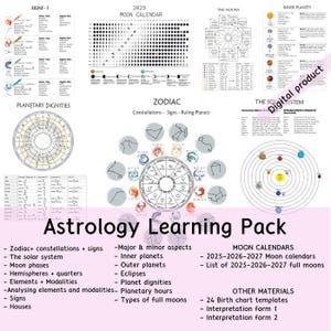Astrology learning sheets, printable astrology cheat sheets, 2025-2026-2027 moon calendars, 24-page blank birth chart templates with degrees