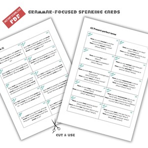 May include: A set of printable speaking cards for English language learners. The cards are designed to help students practise the present perfect tense. The cards feature a variety of prompts, such as "Have you ever travelled to another country?" and "Have you ever tried a new hairstyle?"