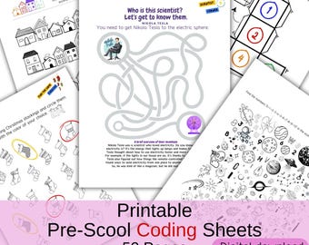 Codeerbladen voor kleuters: cijfers, letters, vormen, wetenschappers (digitale download)