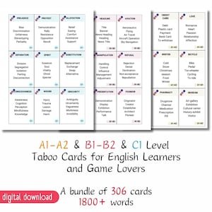 Druckbare A1-A2, B1-B2 und C1 Englisch Taboo Karten: 306 Karten für Vokabelbildung und Sprachenlernen, Aktivitäten im Klassenzimmer, PDF-Datei