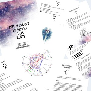 Pode incluir: Uma leitura de mapa astral para Lucy, com um signo ascendente Virgem, um signo solar Escorpi&atilde;o e um signo lunar Capricorne. O mapa &eacute; um c&iacute;rculo com s&iacute;mbolos astrol&oacute;gicos e linhas que os conectam. O mapa &eacute; cercado por texto sobre os diferentes planetas e seus significados.