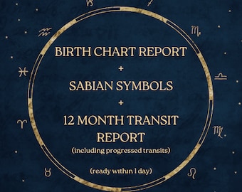 12 month transits and the detailed natal chart report with the meaning of Sabian degrees in the birth chart
