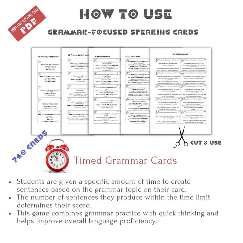 May include: A set of 740 grammar-focused speaking cards for timed practice. The cards are divided into five categories: Present perfect tenses, Relative clauses, 2nd conditional, Paraphrasing, and Present perfect tenses. The cards are designed to be cut out and used for timed practice.