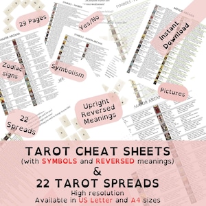 Intensas hojas de trucos de tarot que incluyen simbolismo y significados invertidos y 22 tiradas de tarot para estudiantes de tarot
