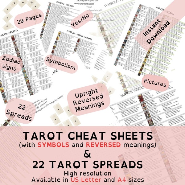 Intense tarot cheat sheets including symbolism and reversed meanings  &  22 tarot spreads for tarot learners