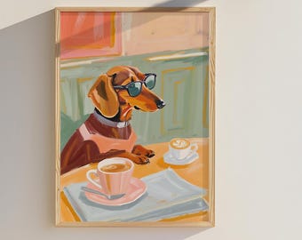 Dachshund Coffee Art Print - Funny Dog with Sunglasses Poster, Whimsical Café Wall Decor, Pastel Home Decor, Dog Lover Gift