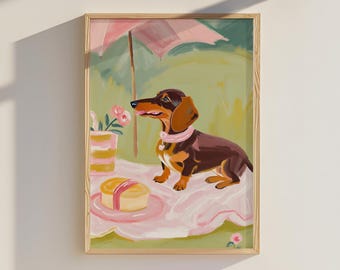 Whimsical Dachshund Picnic Art Print – Pastel Nursery Wall Decor, Cute Dog Illustration for Kids Room
